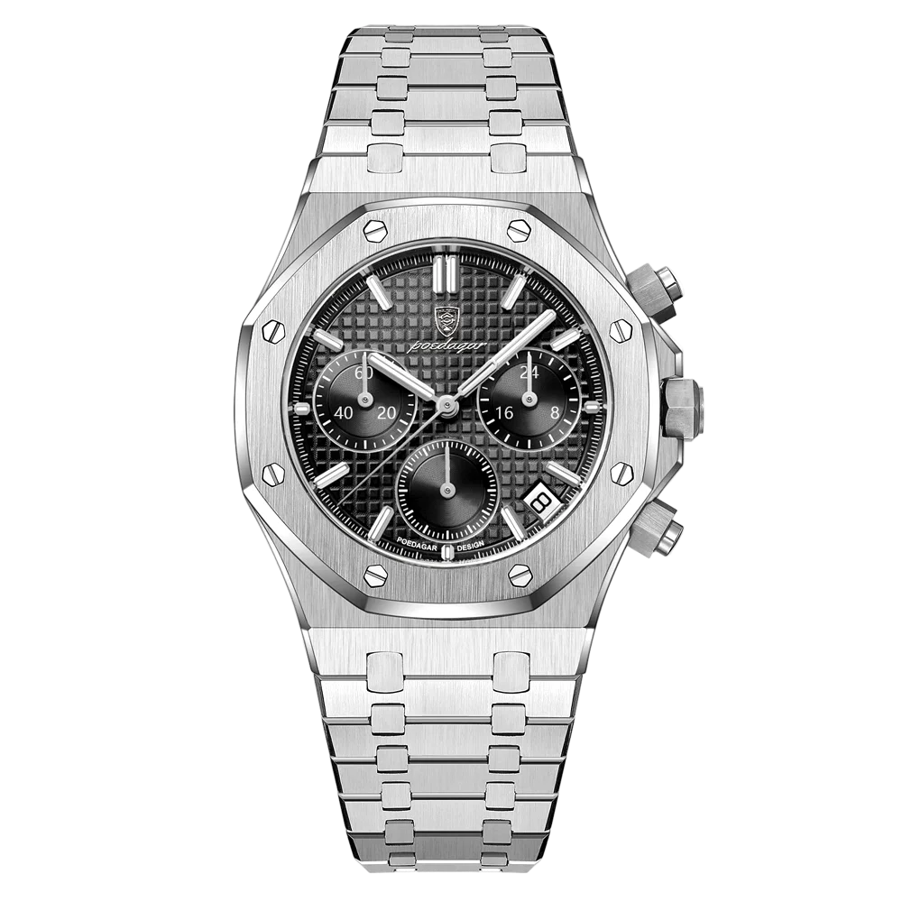 Poedagar Regent Chrono men’s watch in Silver and Black BK edition, stainless steel finish with luminous subdials and date display