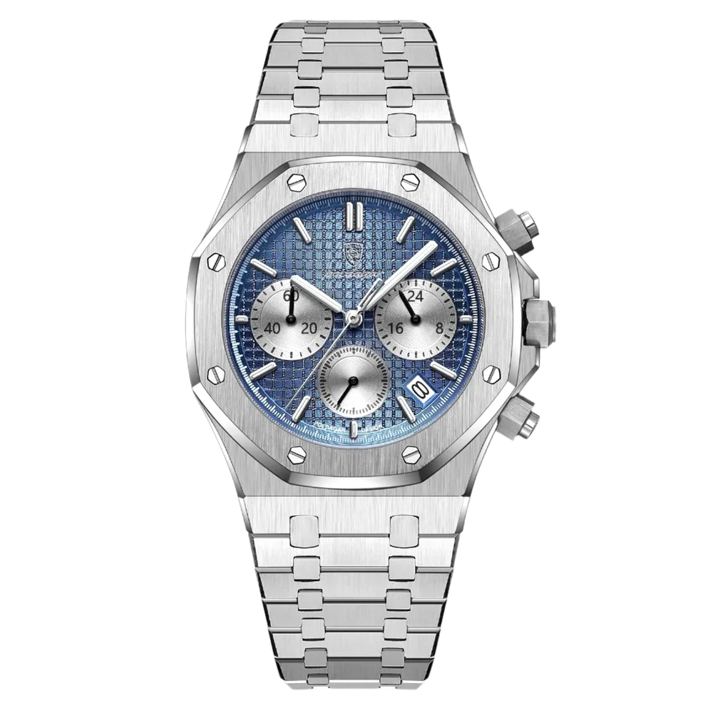 Poedagar Regent Chrono men’s watch in Silver and Blue, stainless steel case with textured dial, chronograph subdials and luminous hands
