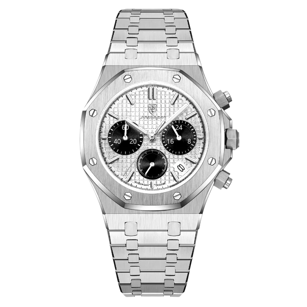 Poedagar Regent Chrono men’s watch in Silver and White, polished stainless steel bracelet with chronograph functionality and luminous hands