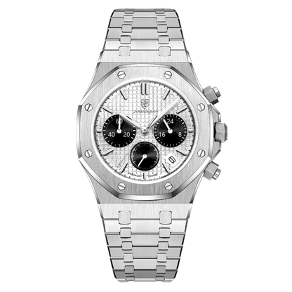 Poedagar Regent Chrono men’s watch in Silver and White, polished stainless steel bracelet with chronograph functionality and luminous hands