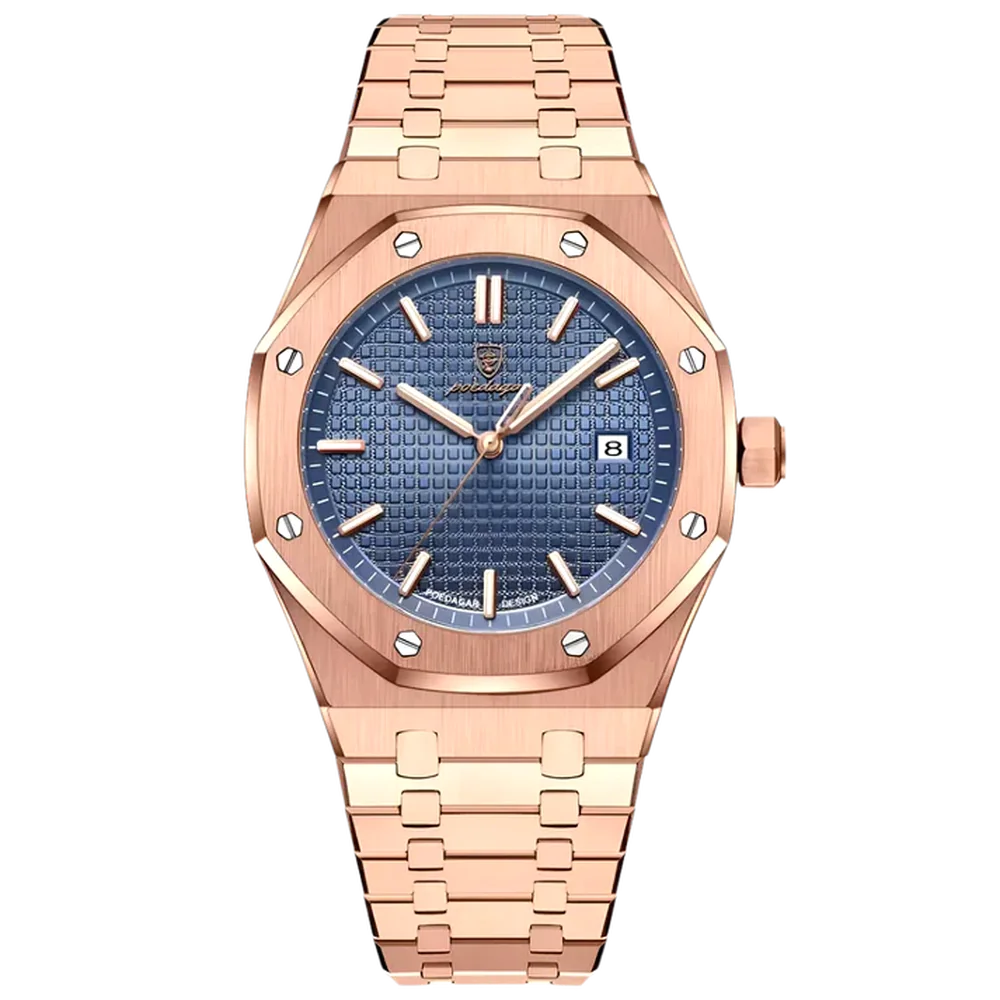 Poedagar Regent men’s watch in Rose Gold and Blue, gold stainless steel case with blue dial and luminous hands