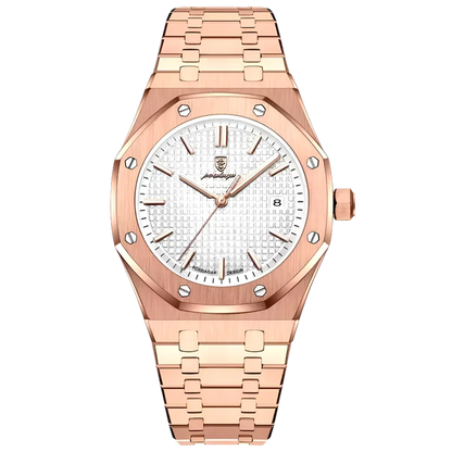 Poedagar Regent men’s watch in Rose Gold and White, gold-tone stainless steel bracelet with white dial and luminous detailing