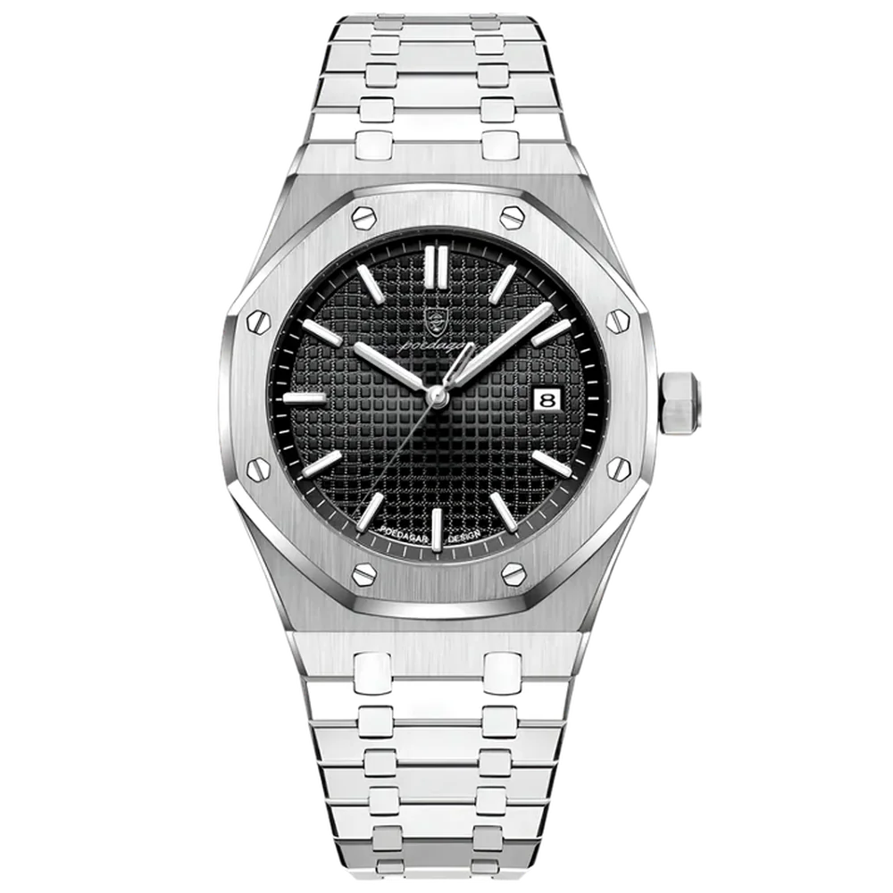 Poedagar Regent men’s watch in Silver and Black, stainless steel case with octagonal bezel, textured dial and luminous hands