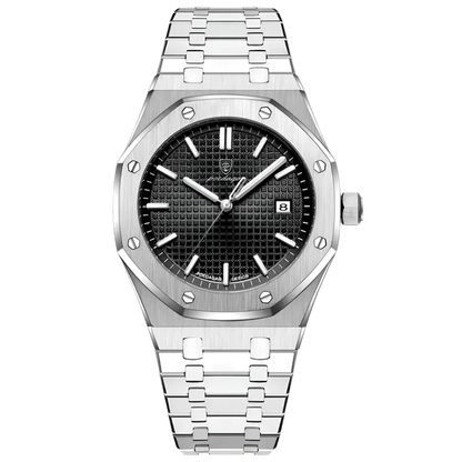 Poedagar Regent men’s watch in Silver and Black, stainless steel case with octagonal bezel, textured dial and luminous hands
