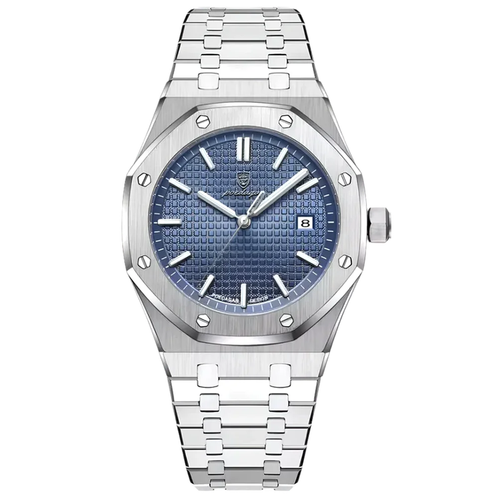 Poedagar Regent men’s watch in Silver and Blue, brushed stainless steel bracelet with blue textured dial and date display