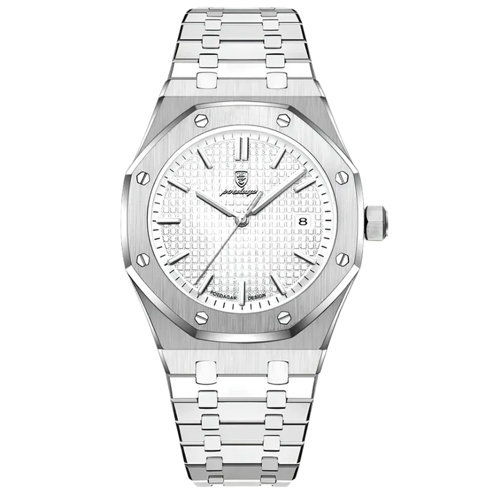 Poedagar Regent men’s watch in Silver and White, polished stainless steel case and bracelet with luminous hands and minimalist design