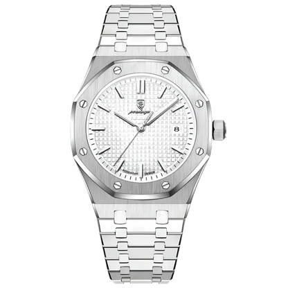 Poedagar Regent men’s watch in Silver and White, polished stainless steel case and bracelet with luminous hands and minimalist design