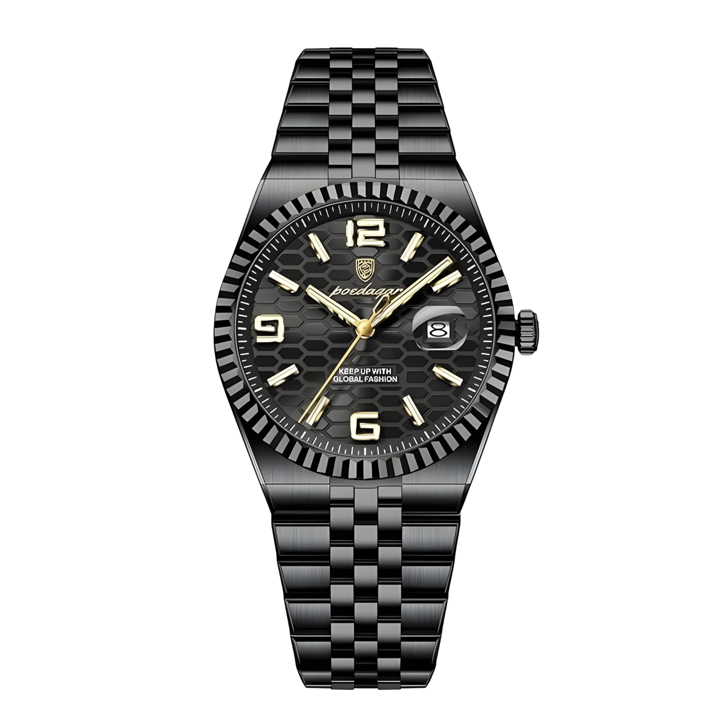 Poedagar Sovereign luxury watch with silver stainless steel fluted bezel and textured honeycomb dial on a five-link bracelet. Black watch with gold accents