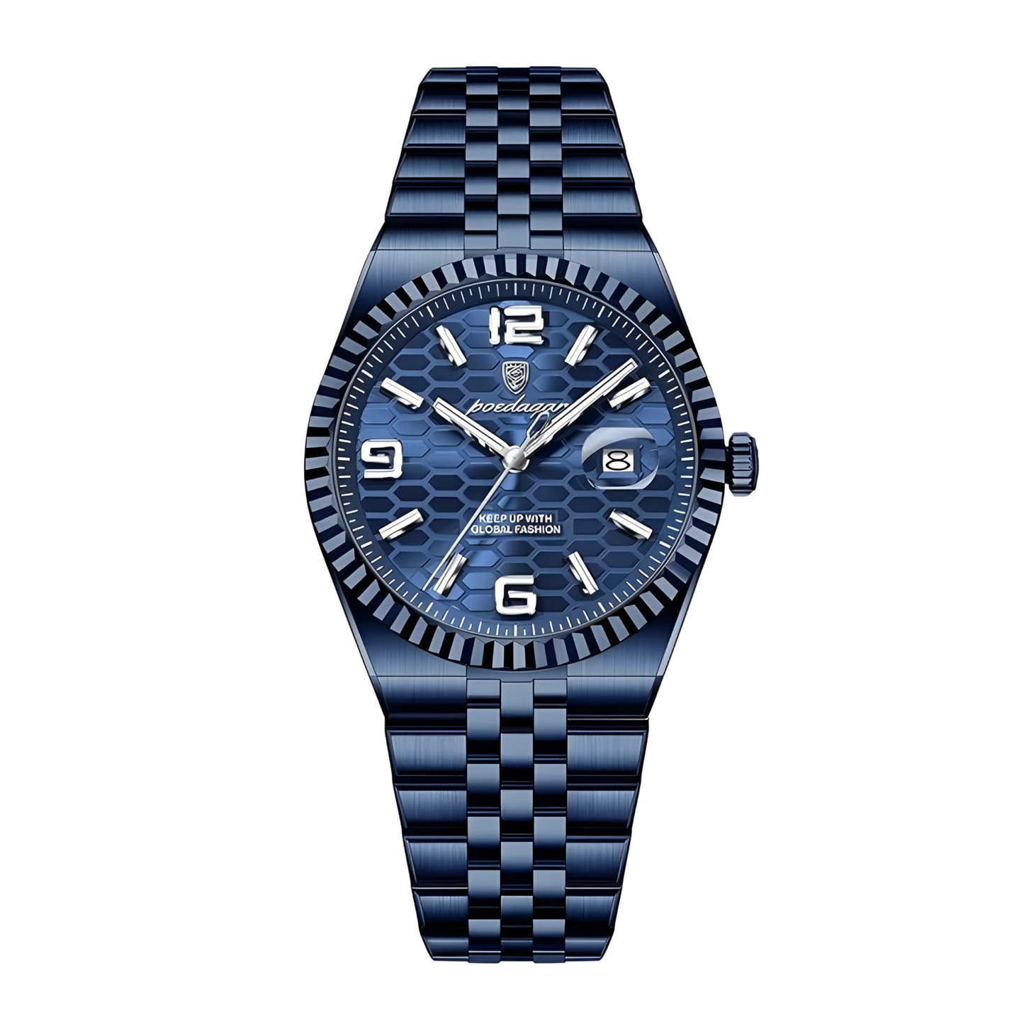Poedagar Sovereign luxury watch with silver stainless steel fluted bezel and textured honeycomb dial on a five-link bracelet. Blue watch with a checkered pattern