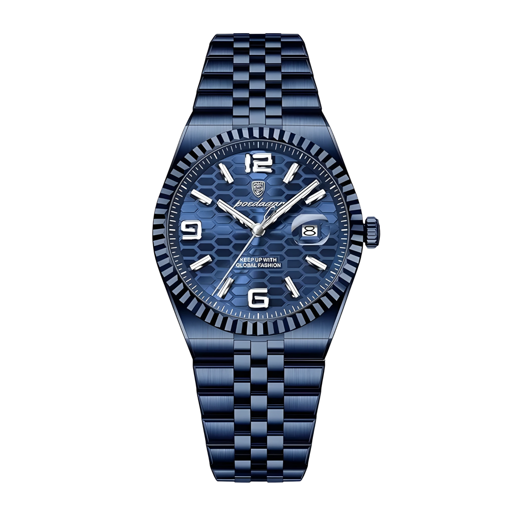Poedagar Sovereign luxury watch with silver stainless steel fluted bezel and textured honeycomb dial on a five-link bracelet. Blue watch with a checkered pattern