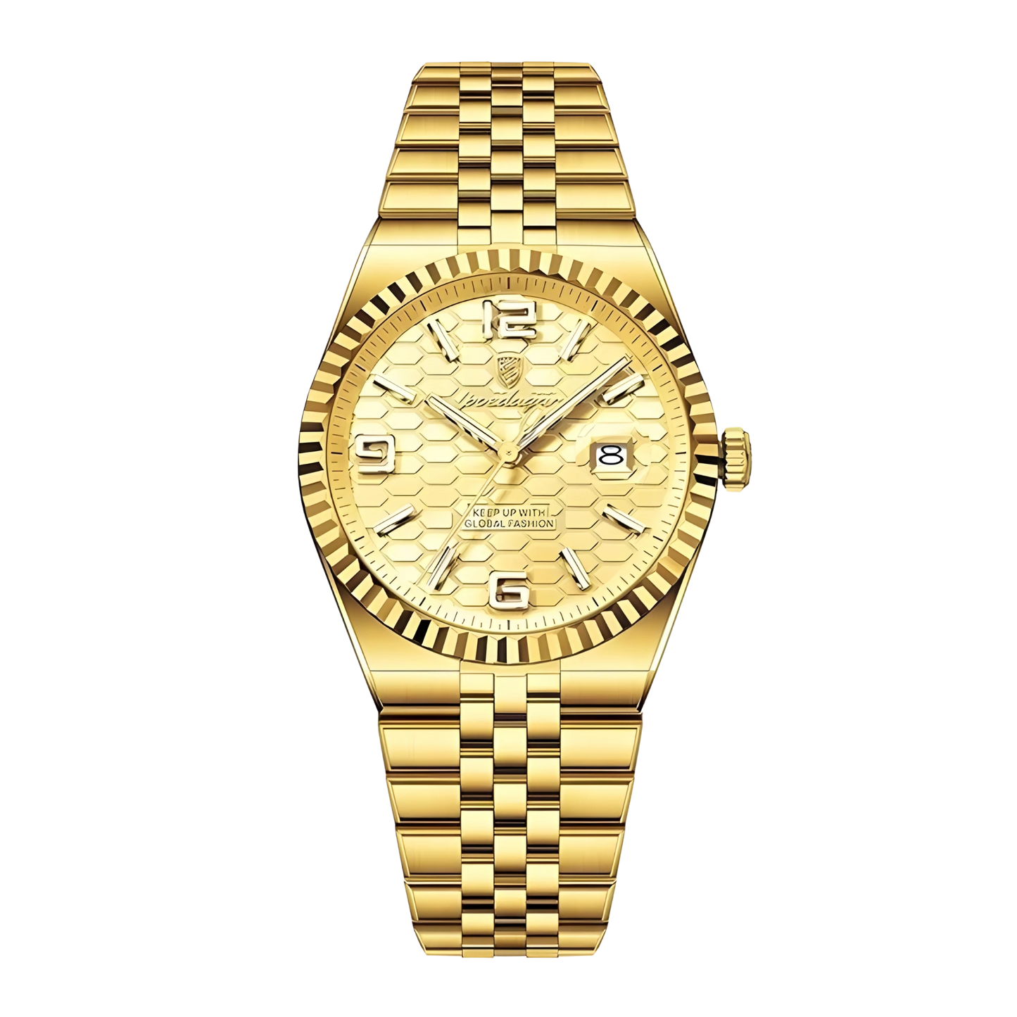 Poedagar Sovereign luxury watch with silver stainless steel fluted bezel and textured honeycomb dial on a five-link bracelet. Gold wristwatch with a detailed face