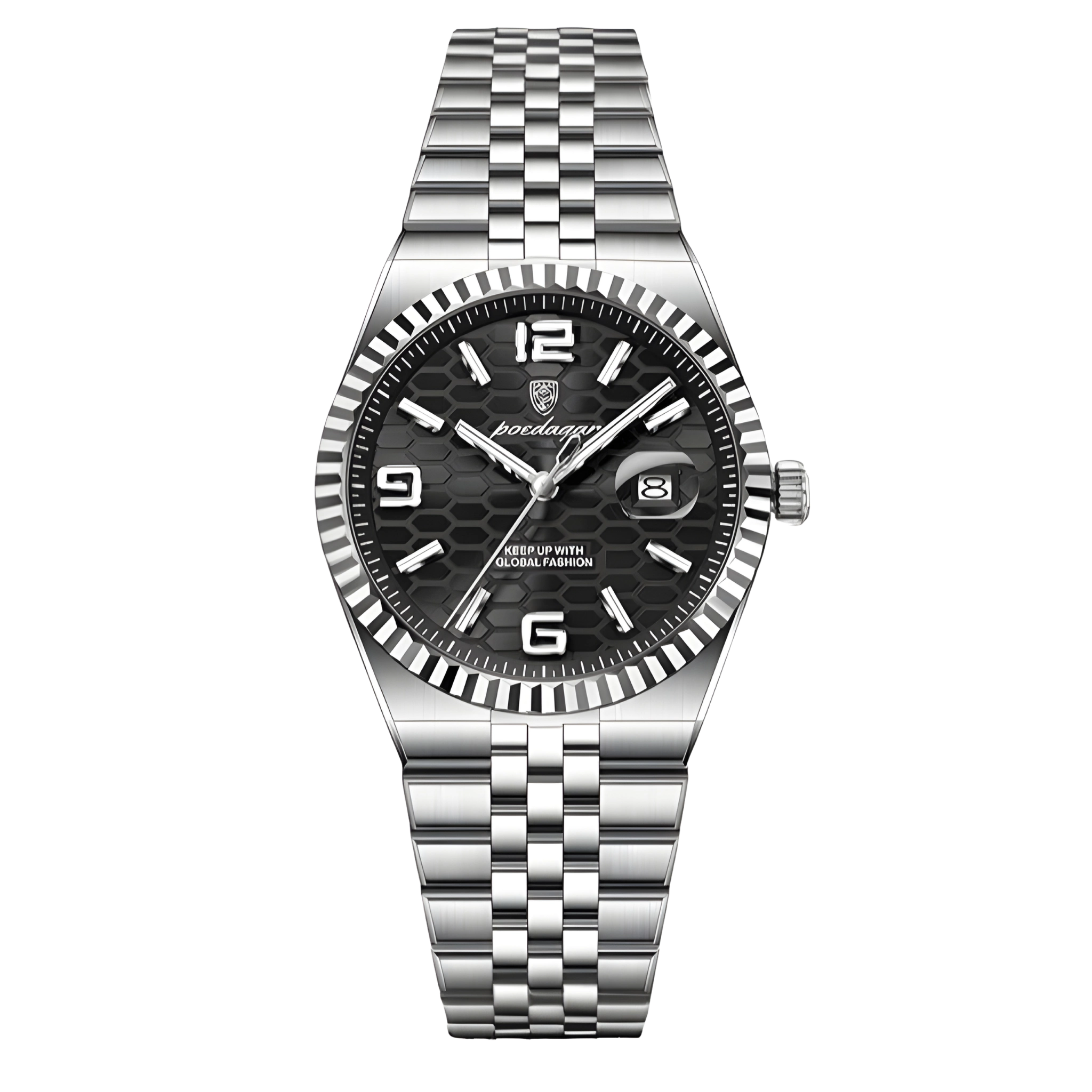 Silver watch with black dial on a white background