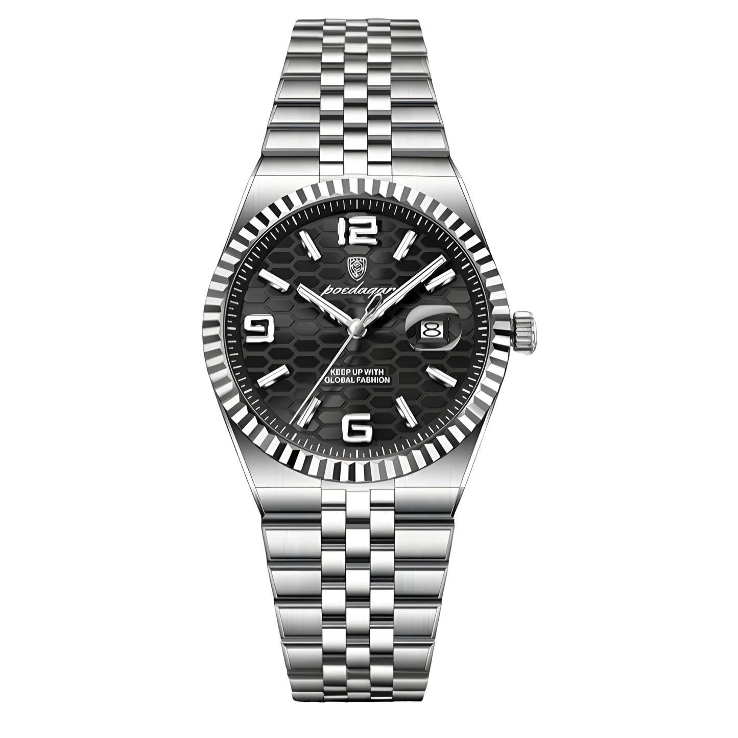 Poedagar Sovereign luxury watch with silver stainless steel fluted bezel and textured honeycomb dial on a five-link bracelet. Silver watch with a black face