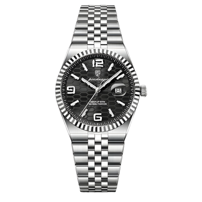 Poedagar Sovereign luxury watch with silver stainless steel fluted bezel and textured honeycomb dial on a five-link bracelet. Silver watch with a black face