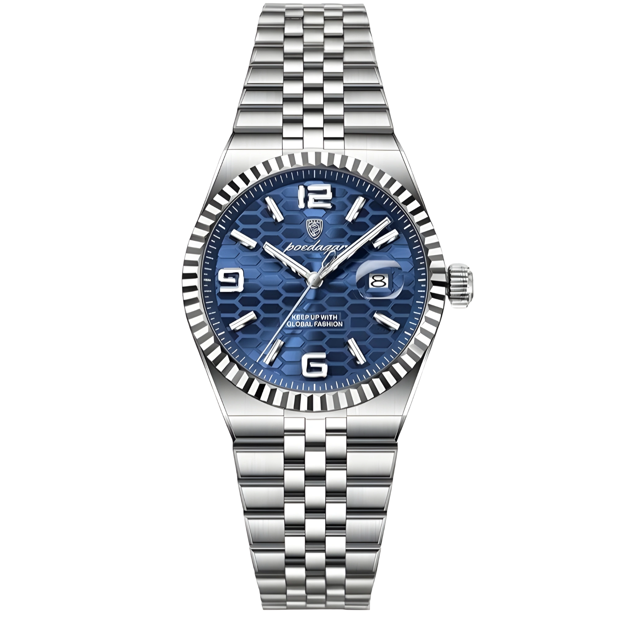 Silver watch with blue dial on a white background