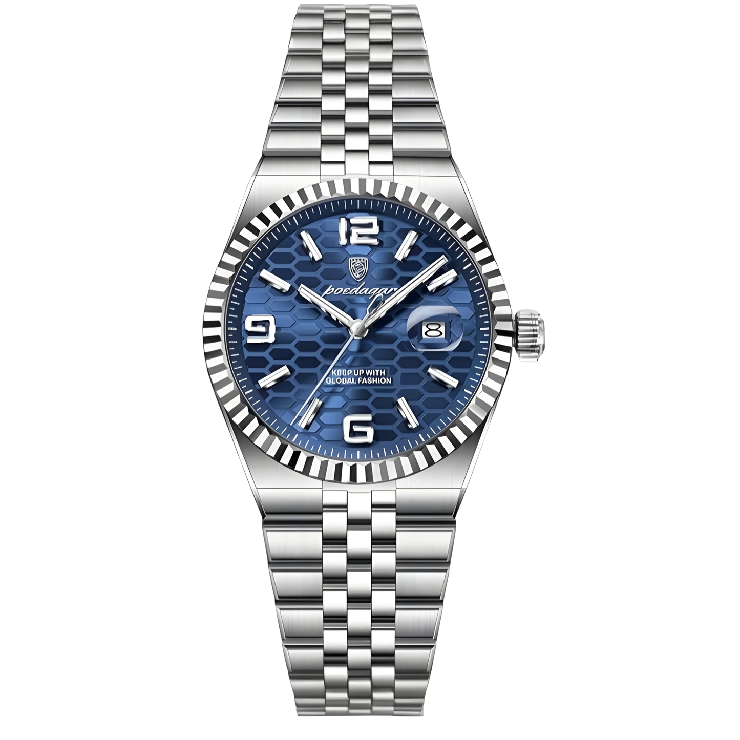 Poedagar Sovereign luxury watch with silver stainless steel fluted bezel and textured honeycomb dial on a five-link bracelet. Silver watch with a dark blue face