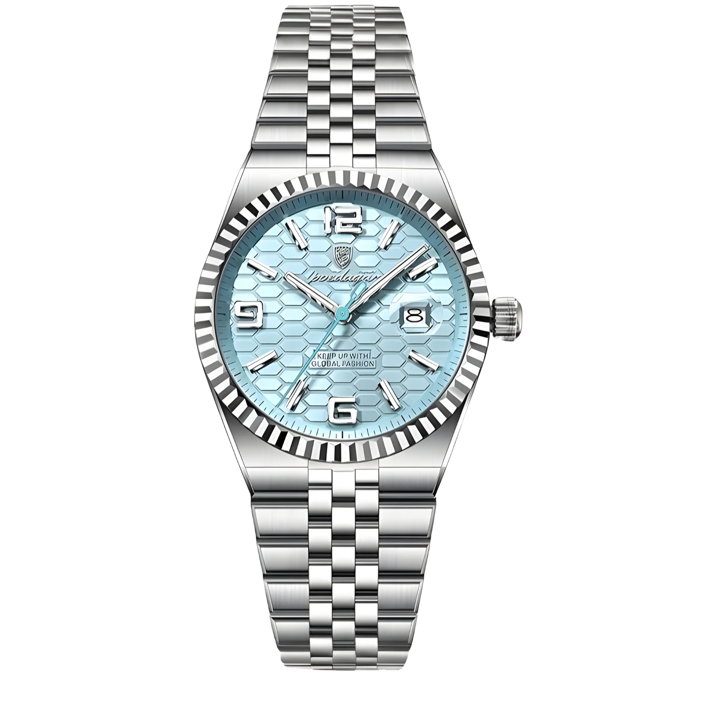 Poedagar Sovereign luxury watch with silver stainless steel fluted bezel and textured honeycomb dial on a five-link bracelet. Silver watch with a light mint blue face