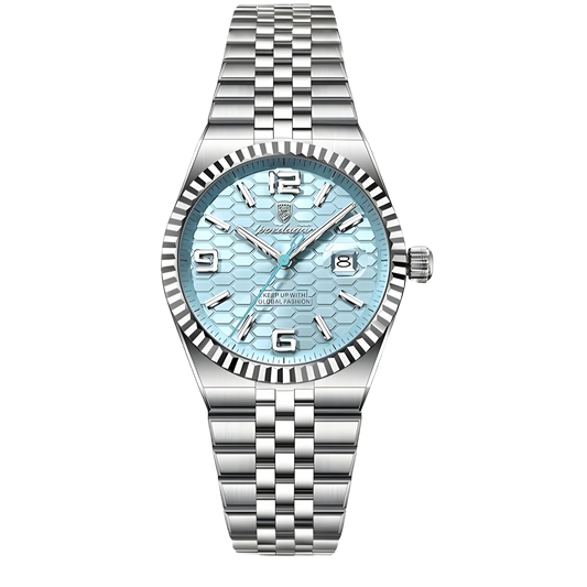 Poedagar Sovereign luxury watch with silver stainless steel fluted bezel and textured honeycomb dial on a five-link bracelet. Silver watch with a light mint blue face