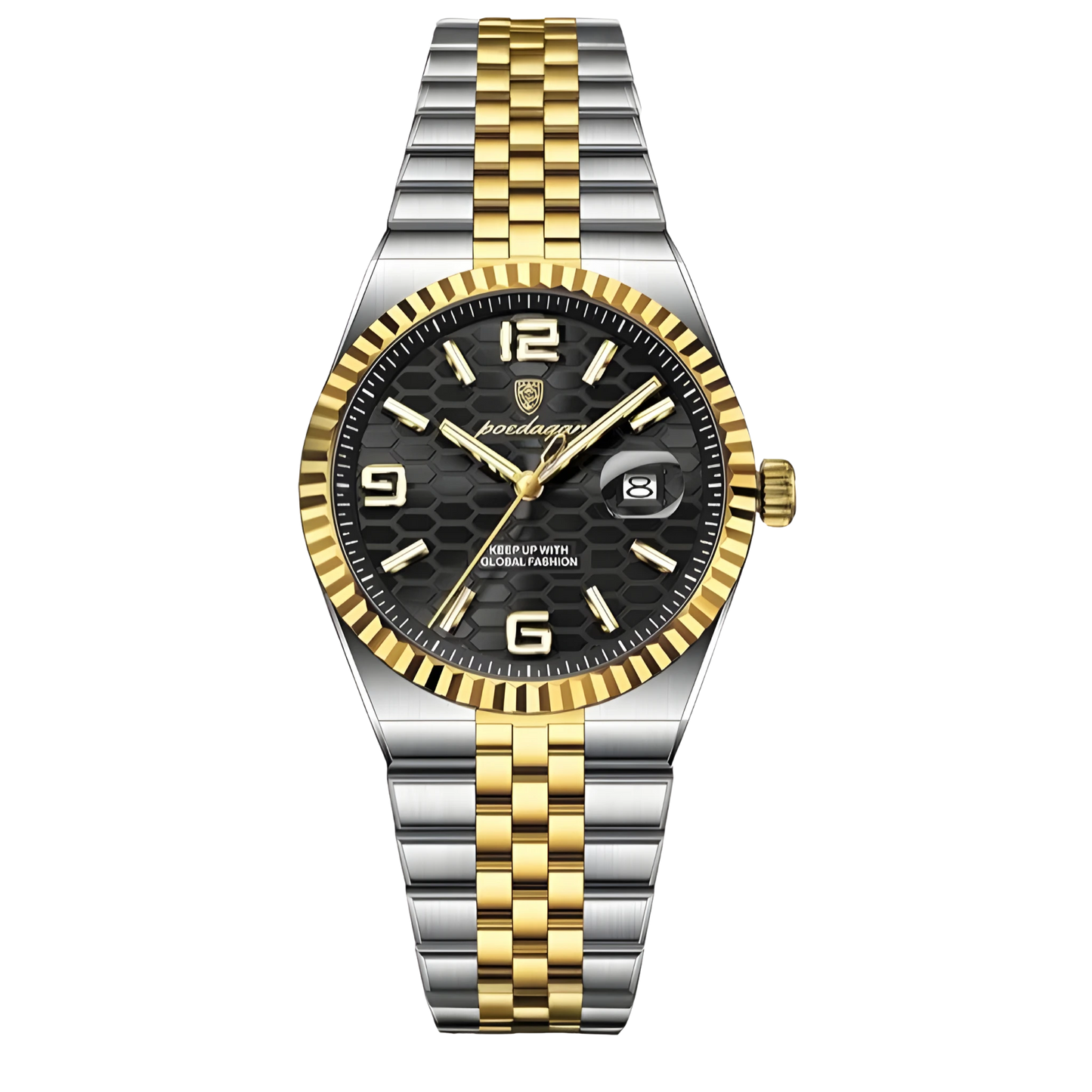 Poedagar Sovereign luxury watch with silver stainless steel fluted bezel and textured honeycomb dial on a five-link bracelet. Two-tone silver and gold watch with black dial 