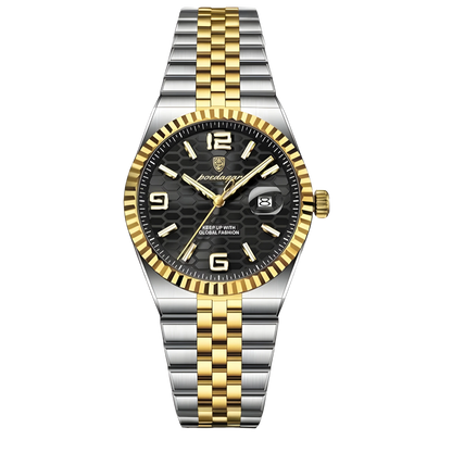 Poedagar Sovereign luxury watch with silver stainless steel fluted bezel and textured honeycomb dial on a five-link bracelet. Two-tone silver and gold watch with black dial 