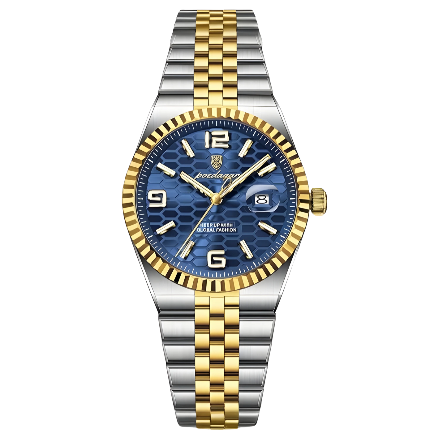 Poedagar Sovereign luxury watch with silver stainless steel fluted bezel and textured honeycomb dial on a five-link bracelet. Two-tone silver and gold watch with a blue dial