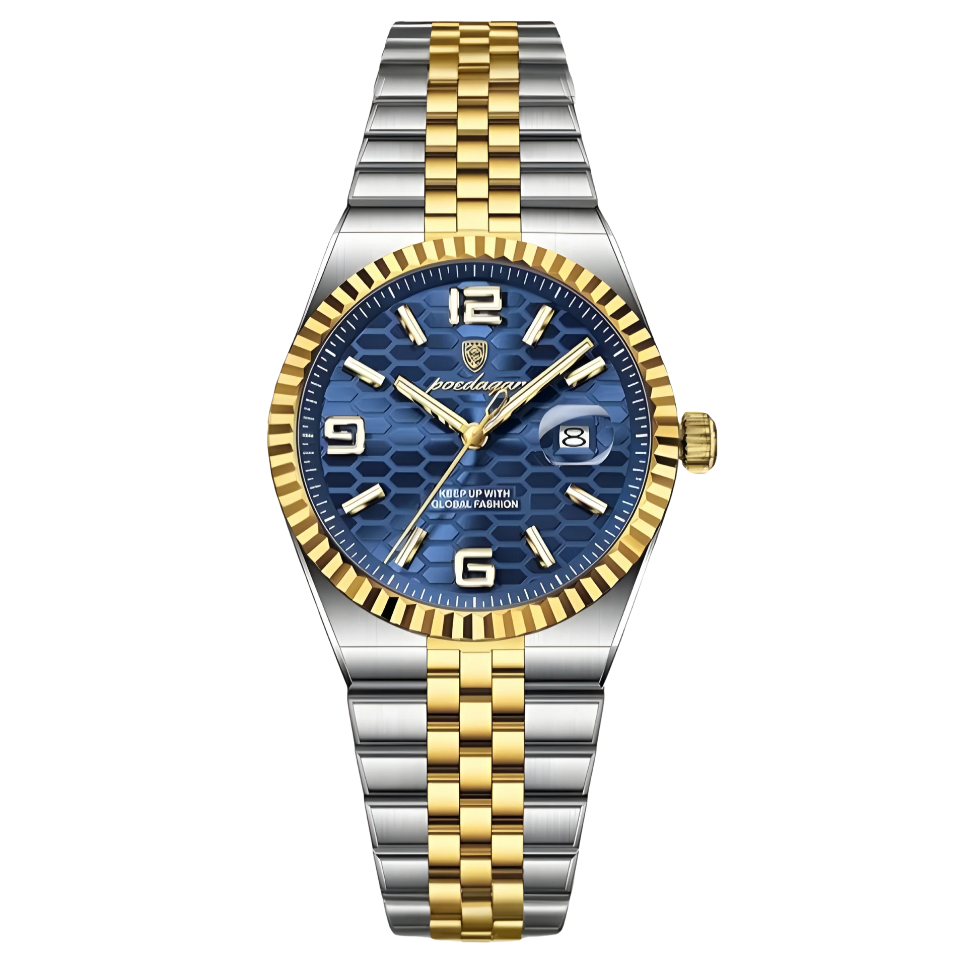 Poedagar Sovereign luxury watch with silver stainless steel fluted bezel and textured honeycomb dial on a five-link bracelet. Two-tone silver and gold watch with a blue dial