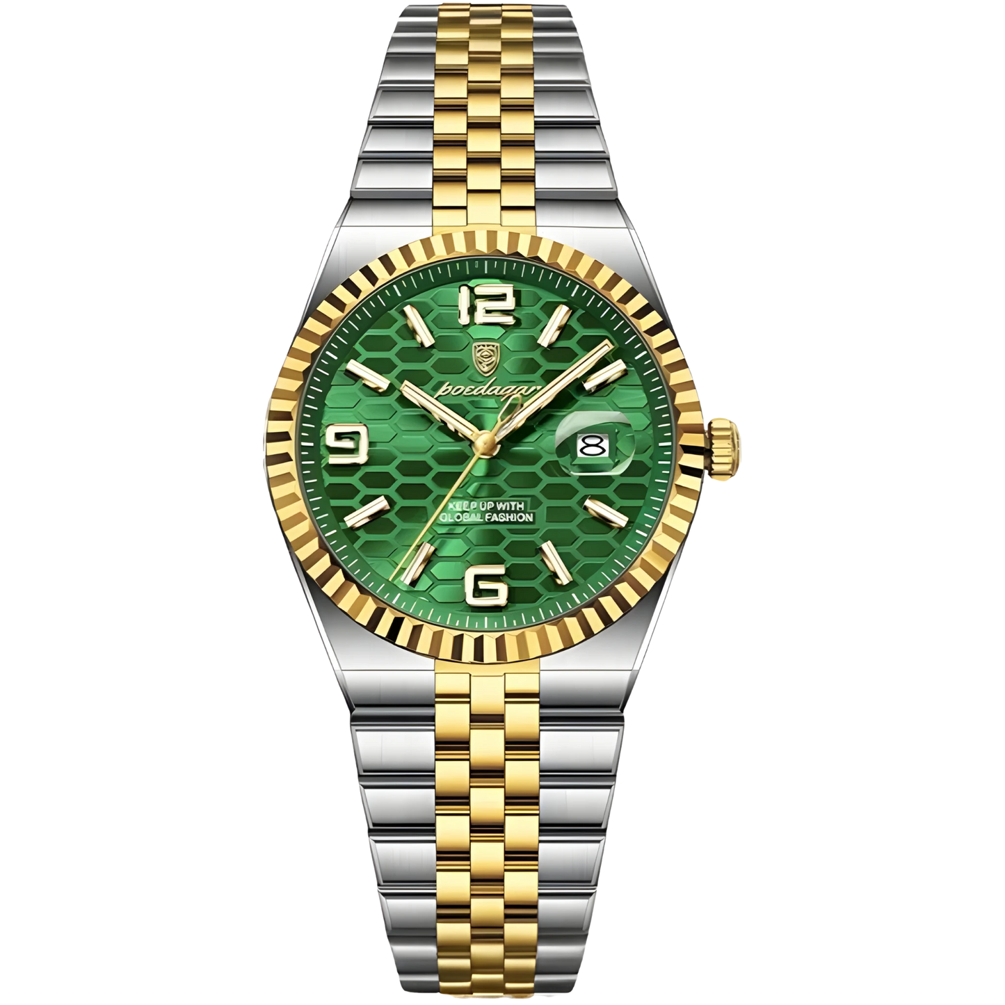 Poedagar Sovereign luxury watch with silver stainless steel fluted bezel and textured honeycomb dial on a five-link bracelet. Two-tone silver and gold watch with a green dial