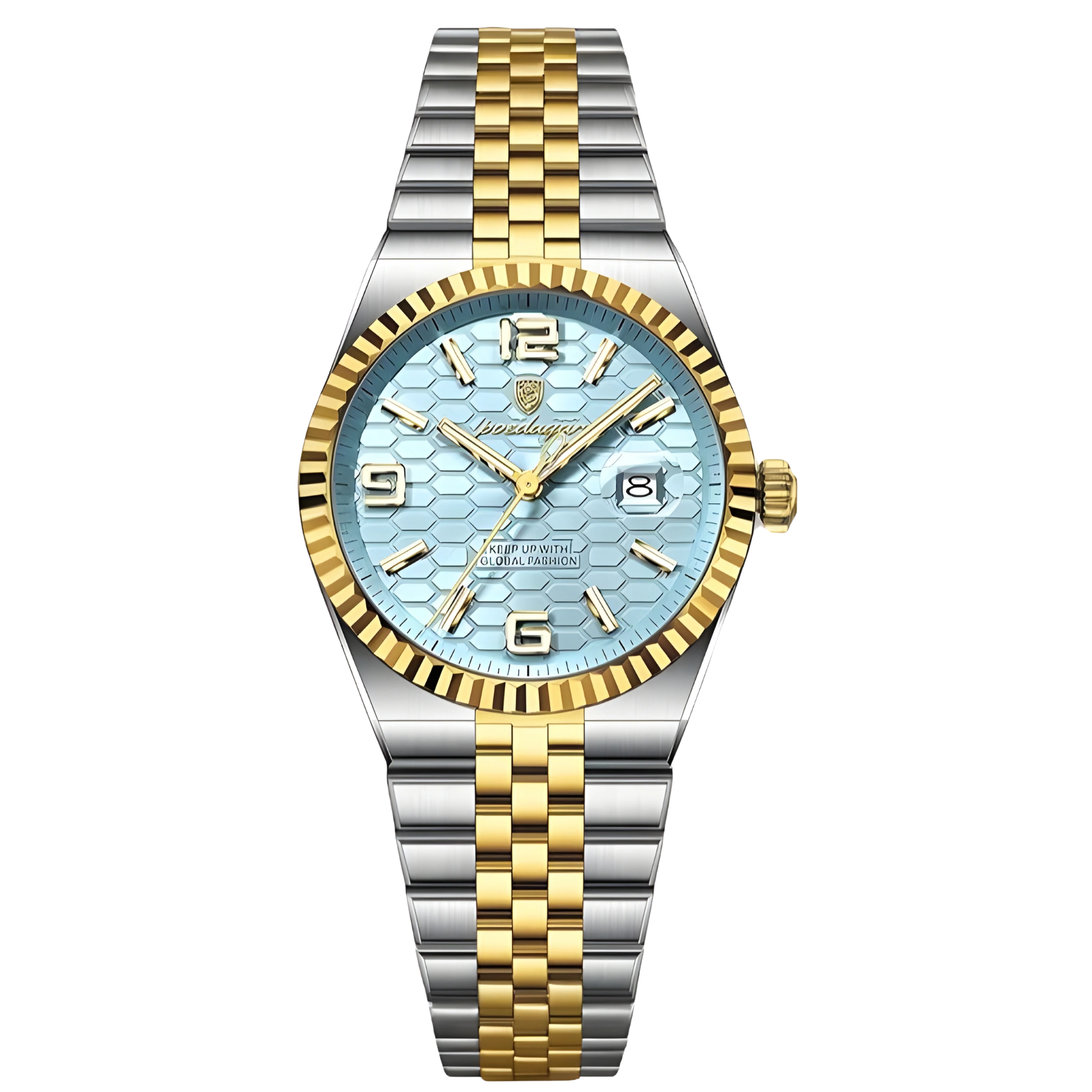 Two-tone silver and gold watch with a blue face on a white background