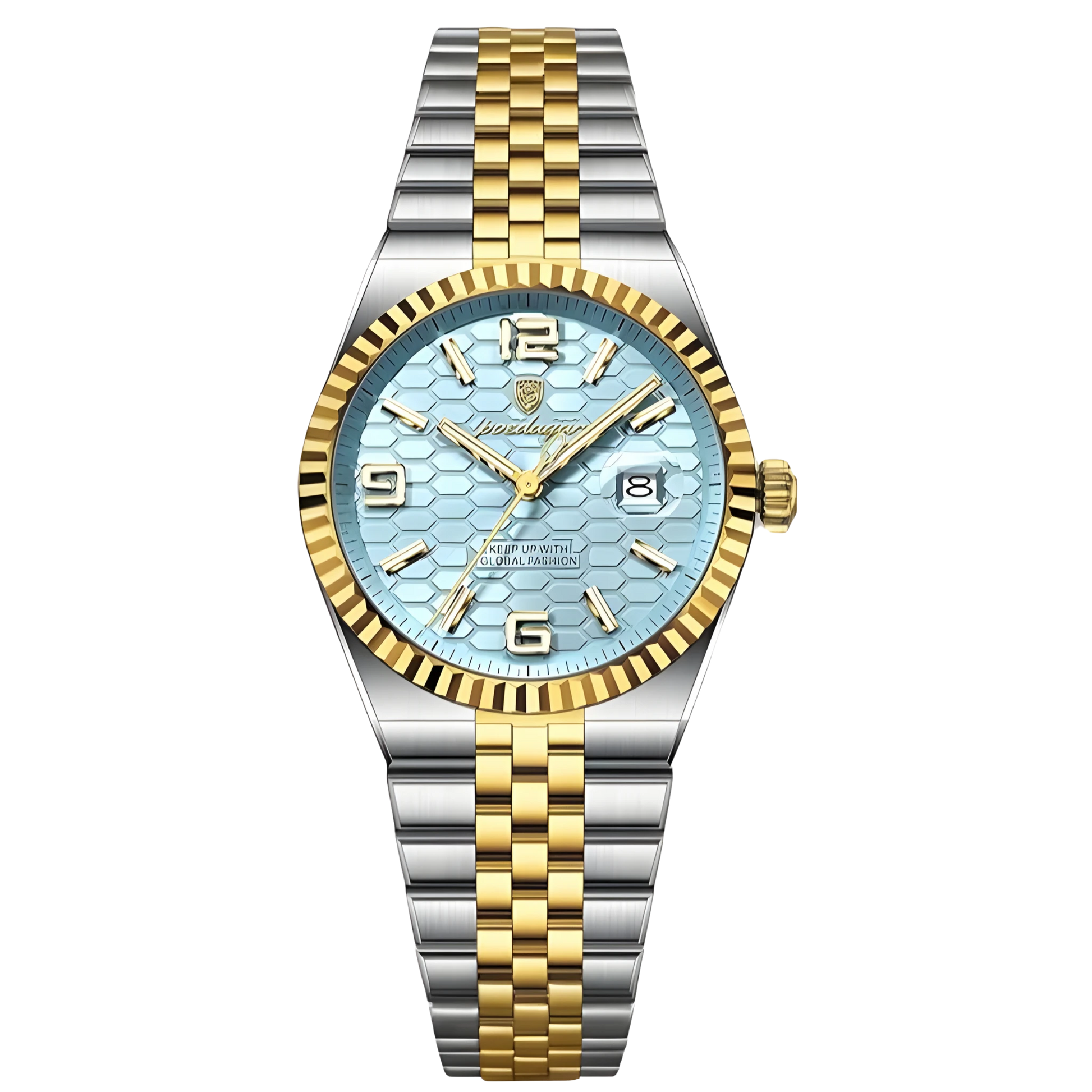 Poedagar Sovereign luxury watch with silver stainless steel fluted bezel and textured honeycomb dial on a five-link bracelet. Two-tone silver and gold watch with a light blue face