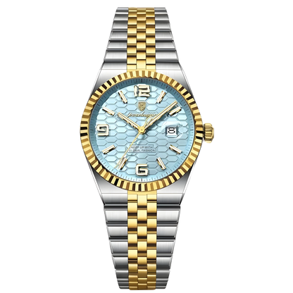 Poedagar Sovereign luxury watch with silver stainless steel fluted bezel and textured honeycomb dial on a five-link bracelet. Two-tone silver and gold watch with a light blue face