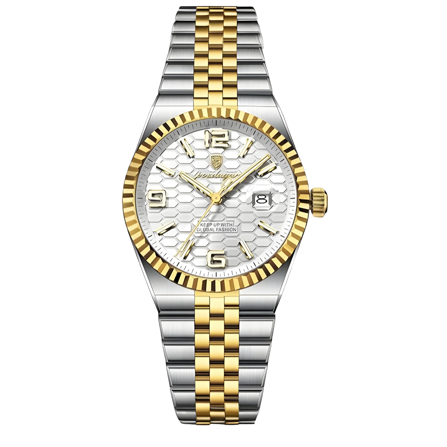 Poedagar Sovereign luxury watch with silver stainless steel fluted bezel and textured honeycomb dial on a five-link bracelet. Two-tone silver and gold watch with a white face