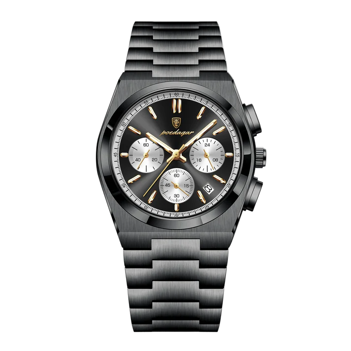 Poedagar Tempus Chrono men’s watch Black Edition, full black stainless steel design with gold accents and chronograph functionality