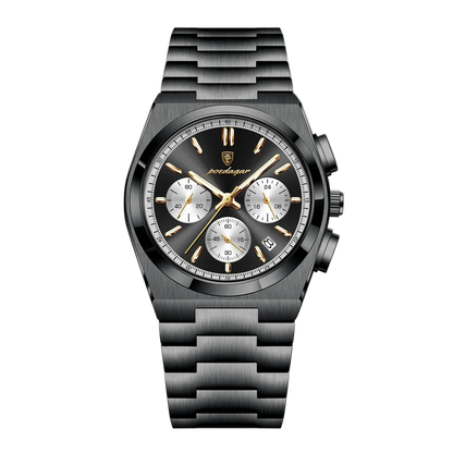 Poedagar Tempus Chrono men’s watch Black Edition, full black stainless steel design with gold accents and chronograph functionality