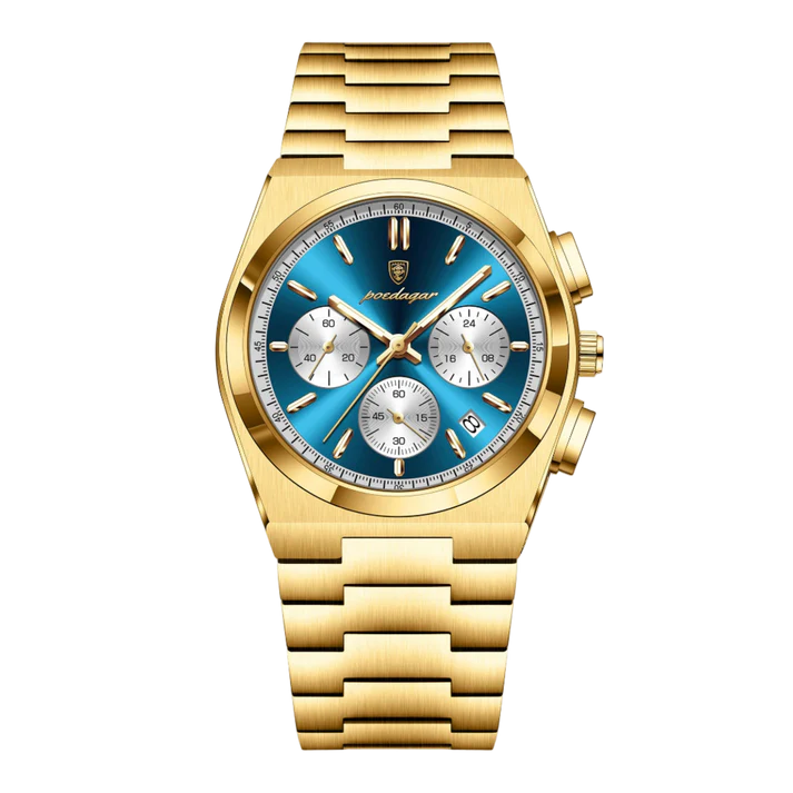 Poedagar Tempus Chrono men’s watch in Gold, Blue and White, polished gold-tone finish with chronograph display and luminous detailing