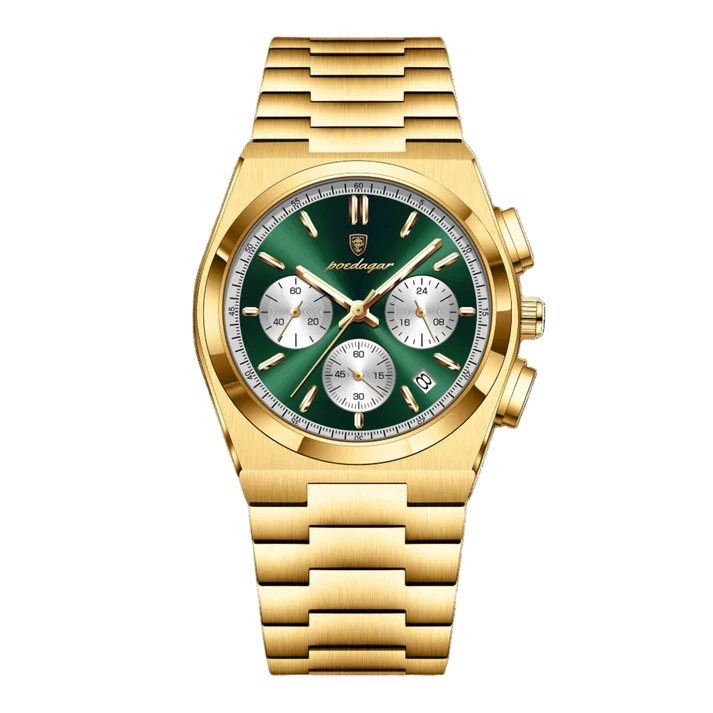 Poedagar Tempus Chrono men’s watch in Gold, Green and White, gold-tone stainless steel case with luminous subdials and chronograph movement