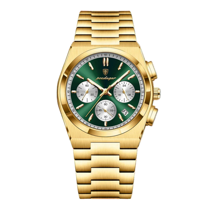 Poedagar Tempus Chrono men’s watch in Gold, Green and White, gold-tone stainless steel case with luminous subdials and chronograph movement