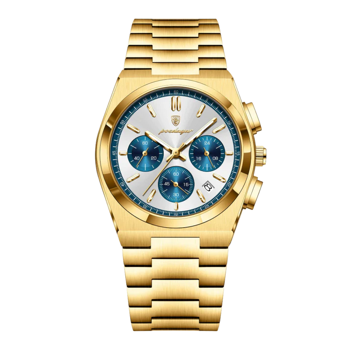 Poedagar Tempus Chrono men’s watch in Gold, White and Blue, gold stainless steel bracelet with blue subdials and luminous markers