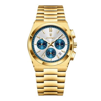 Poedagar Tempus Chrono men’s watch in Gold, White and Blue, gold stainless steel bracelet with blue subdials and luminous markers