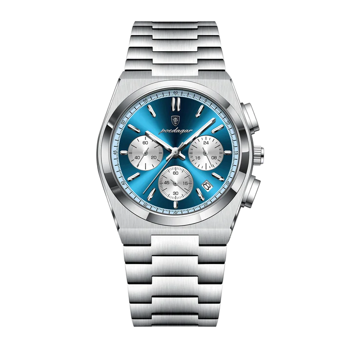 Poedagar Tempus Chrono men’s watch in Silver Blue and White, stainless steel bracelet with blue dial, chronograph subdials and date display