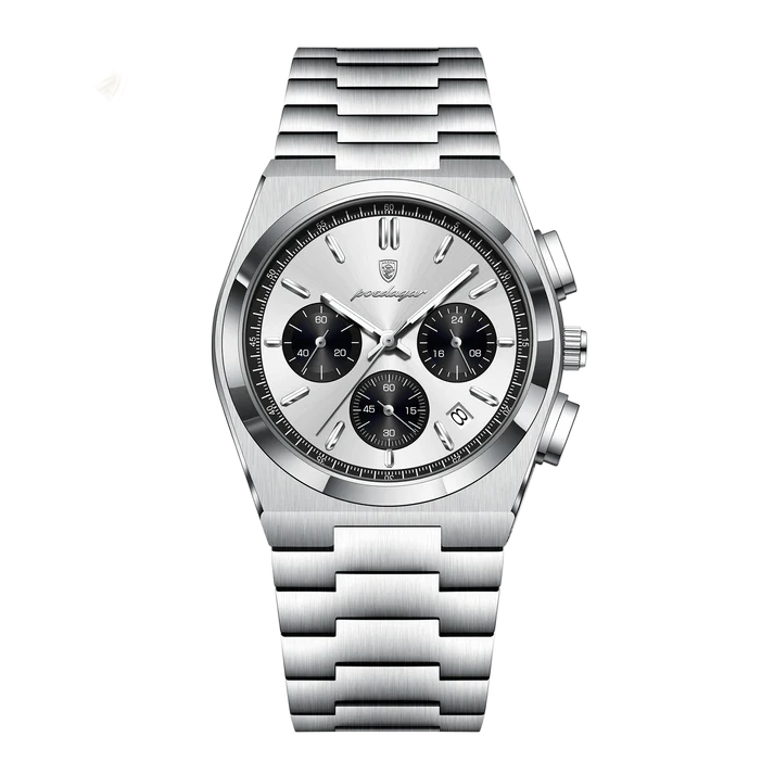 Poedagar Tempus Chrono men’s watch in Silver White and Black, stainless steel case and bracelet with chronograph subdials and luminous hands