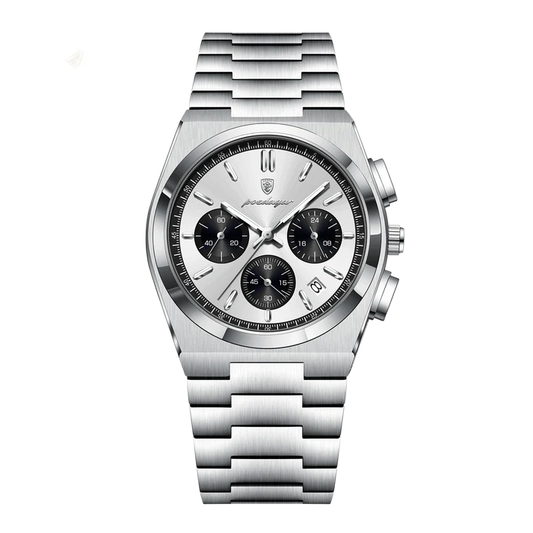 Poedagar Tempus Chrono men’s watch in Silver White and Black, stainless steel case and bracelet with chronograph subdials and luminous hands