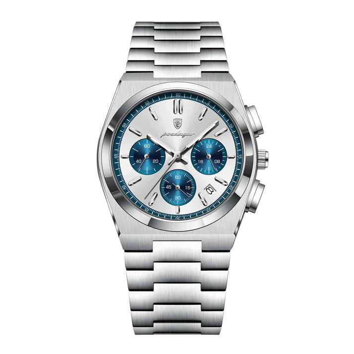 Poedagar Tempus Chrono men’s watch in Silver White and Blue, brushed stainless steel finish with chronograph display and luminous detailing
