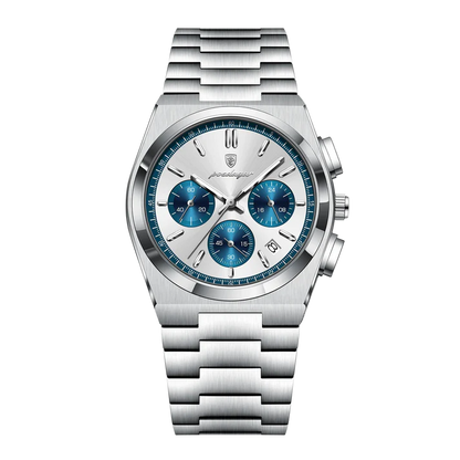 Poedagar Tempus Chrono men’s watch in Silver White and Blue, brushed stainless steel finish with chronograph display and luminous detailing