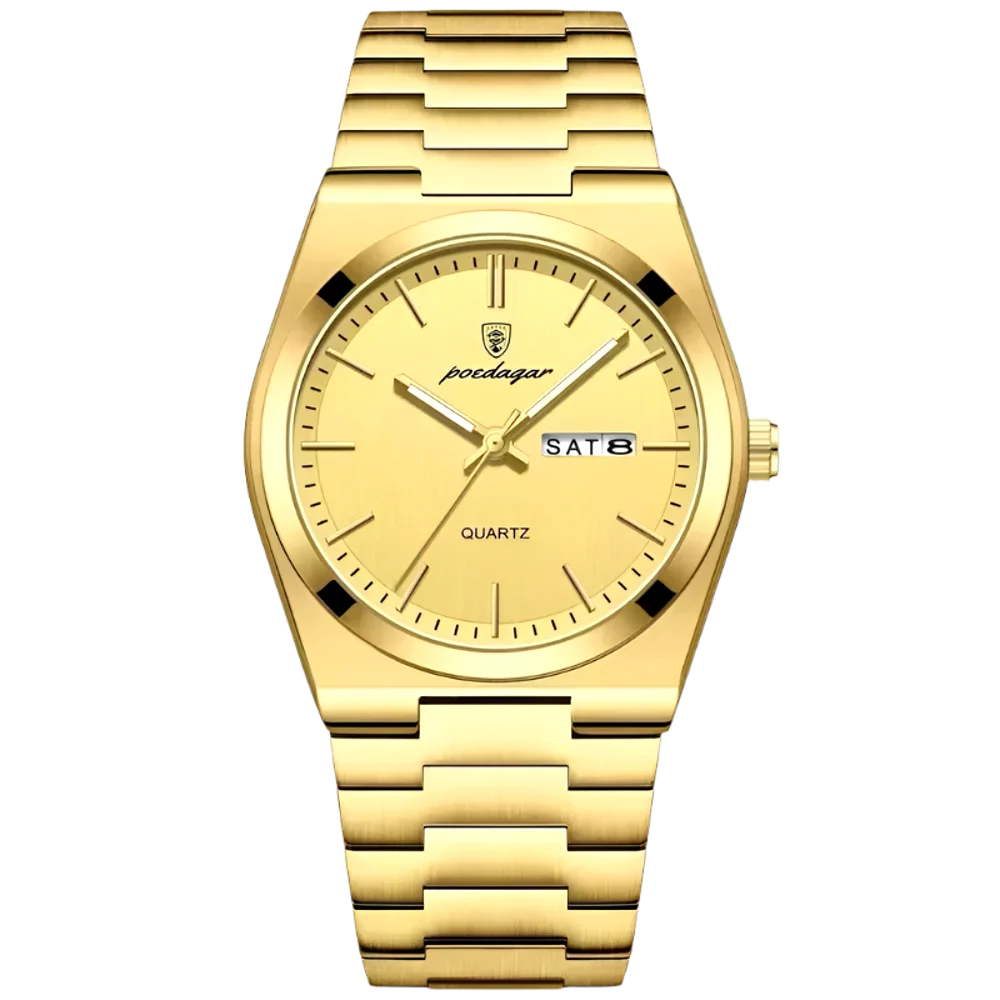 Poedagar Tempus men’s watch Gold Edition, brushed gold stainless steel bracelet and sunburst dial