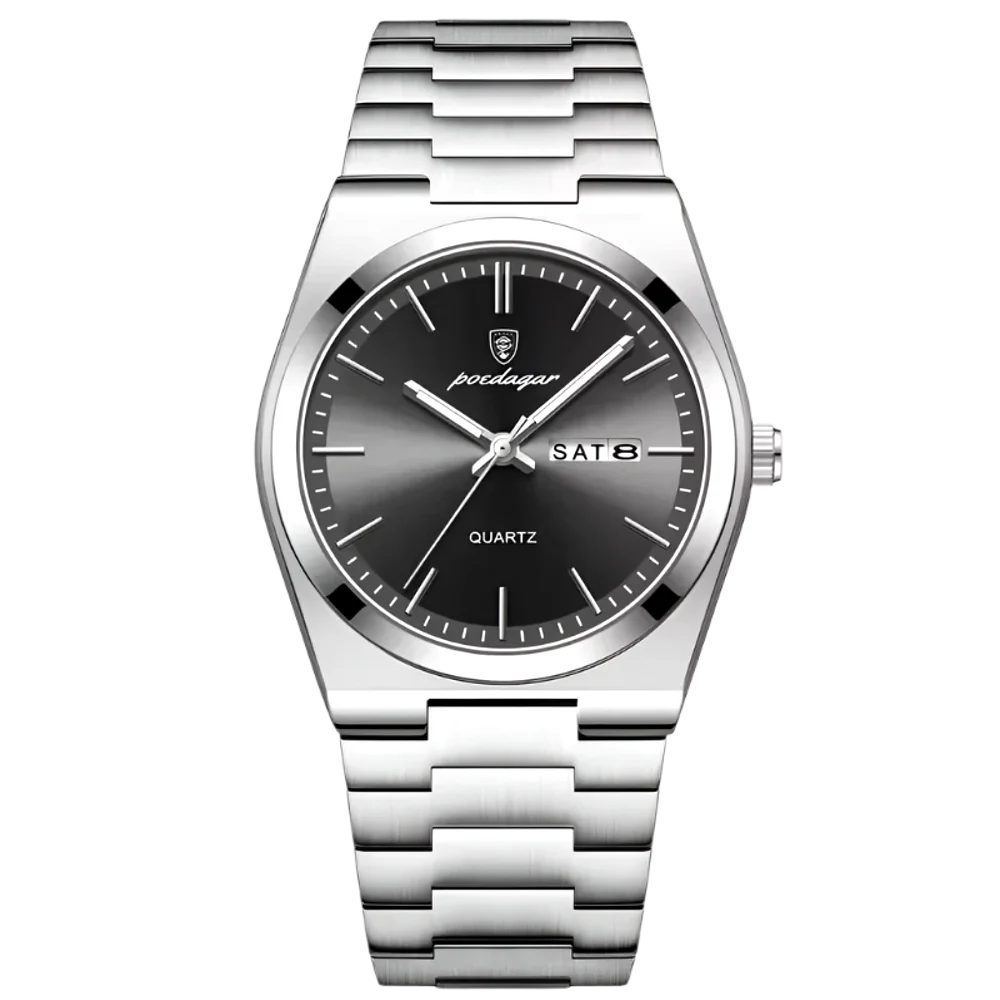 Poedagar Tempus men’s watch in Silver and Black, luminous hands and polished stainless steel bracelet