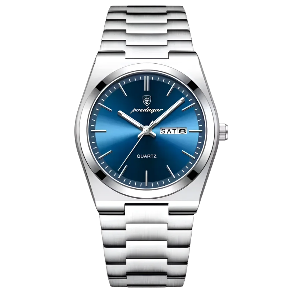 Poedagar Tempus men’s watch in Silver and Blue, brushed stainless steel case with minimalist sunburst dial