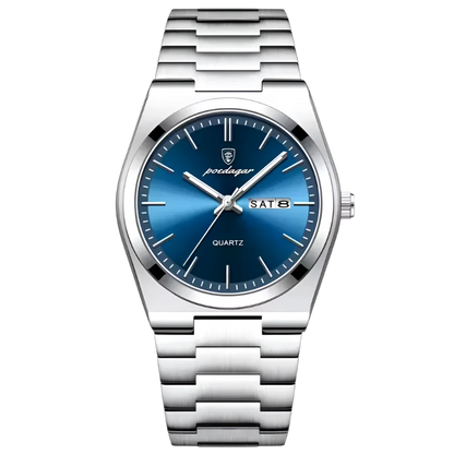 Poedagar Tempus men’s watch in Silver and Blue, brushed stainless steel case with minimalist sunburst dial
