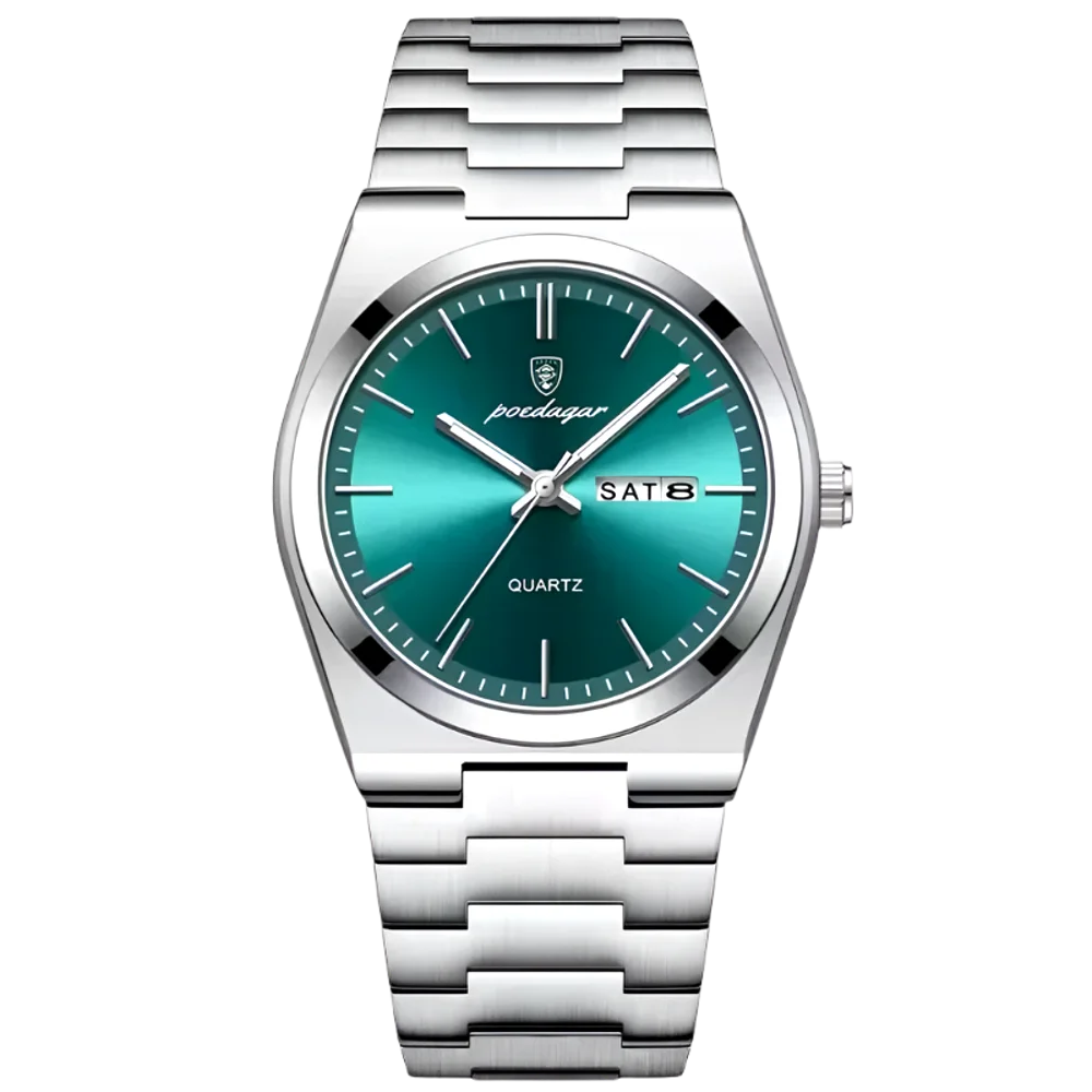 Poedagar Tempus men’s watch in Silver and Green, stainless steel bracelet with sunburst dial and day-date display
