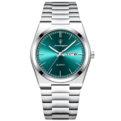 Poedagar Tempus men’s watch in Silver and Green, stainless steel bracelet with sunburst dial and day-date display