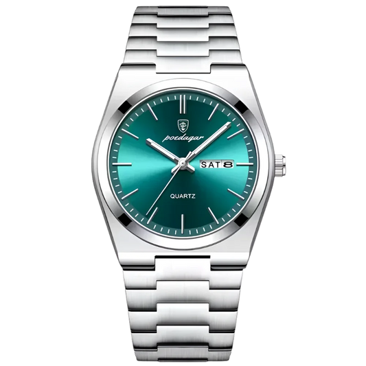 Poedagar Tempus men’s watch in Silver and Green, stainless steel bracelet with sunburst dial and day-date display